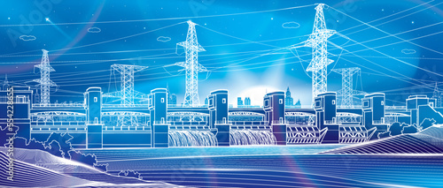 Hydro power plant. River Dam. Renewable energy sources. Neon glow. High voltage transmission systems. Electric pole. Power lines. City energy infrastructure industrial illustration. Vector design art