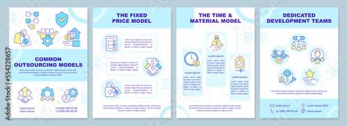 Common outsourcing models in IT blue brochure template. Leaflet design with linear icons. Editable 4 vector layouts for presentation, annual reports. Arial-Black, Myriad Pro-Regular fonts used