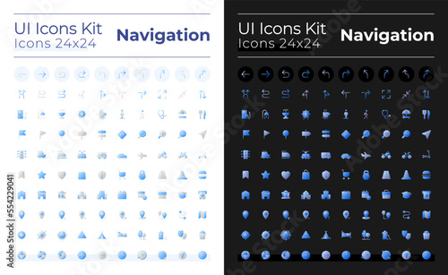 GPS and navigation flat gradient two-color ui icons set for dark, light mode. Pin location. Vector isolated RGB pictograms. GUI, UX design for web, mobile. Montserrat Bold, Light fonts used