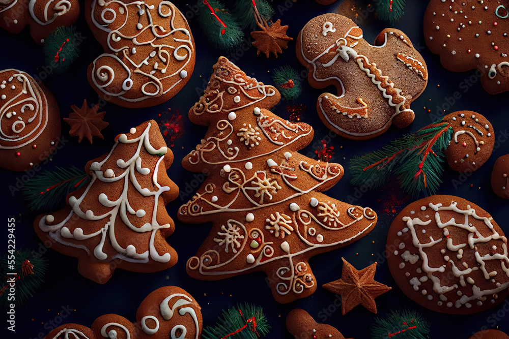 Beautiful patterned gingerbread cookies in the form of Christmas trees, AI generated image