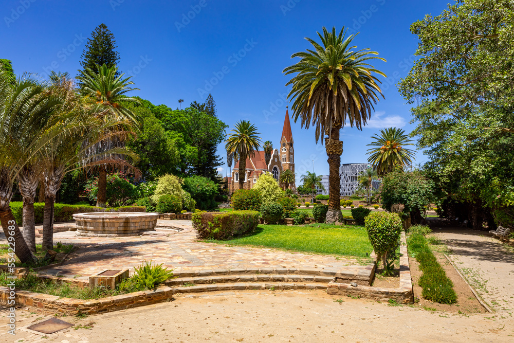 Windhoek, NamiWindhoek, Namibia. Christus Kirche, or Christ Church and Parliament Gardens in Windhoek, Namibia. Africa. bia