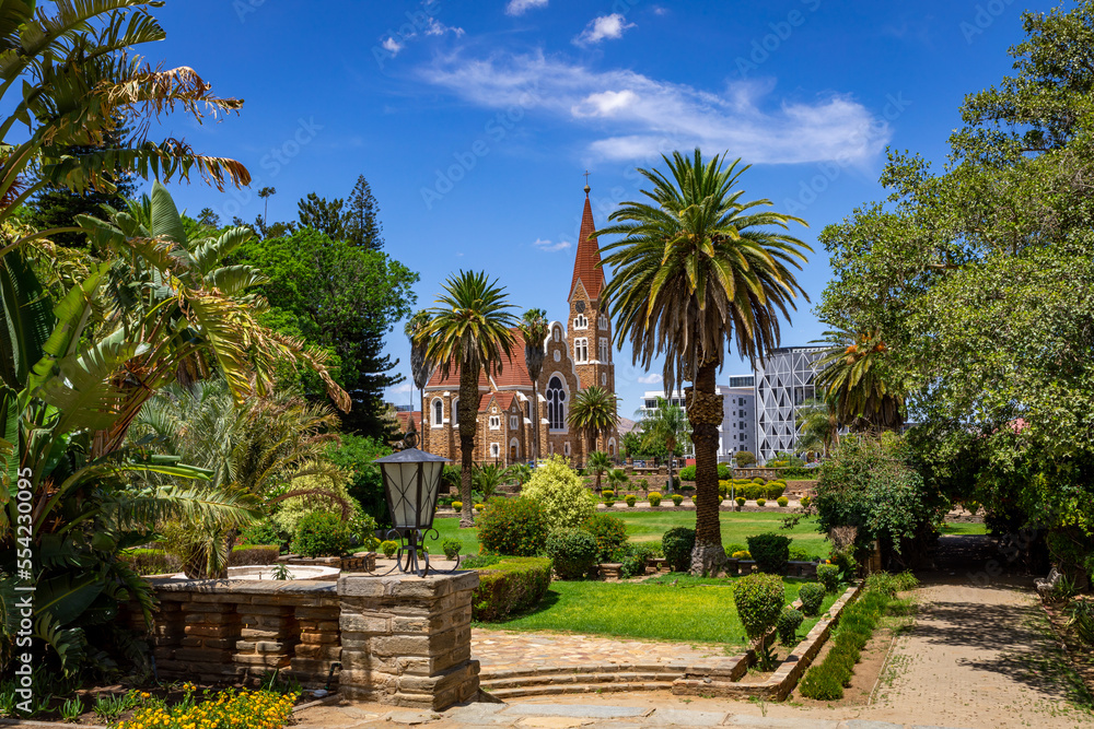 Windhoek, Namibia. Christus Kirche, or Christ Church and Parliament Gardens in Windhoek, Namibia. Africa. 