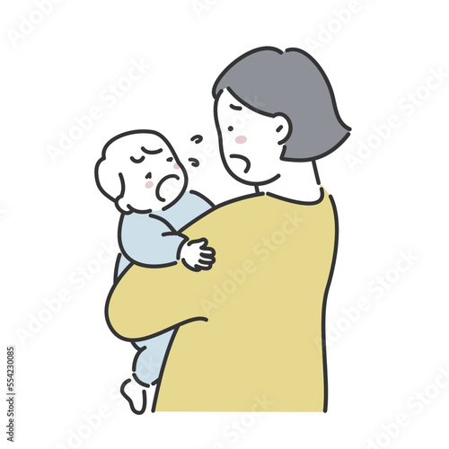 泣いている赤ちゃんを抱っこしてあやすお母さんのイラスト素材
