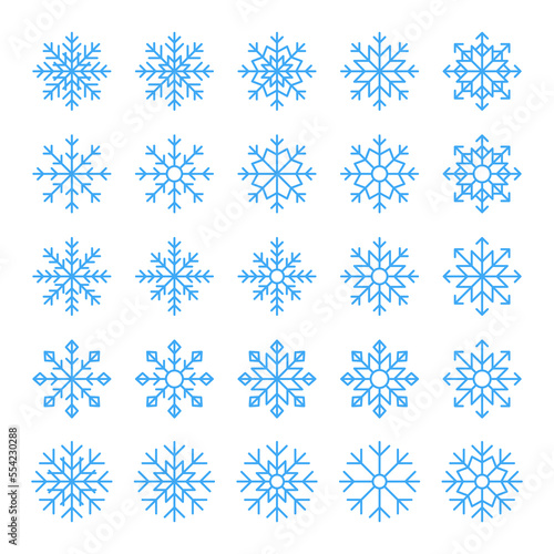 Snowflake icon set. Winter Christmas decoration elements. Vector isolated on white.