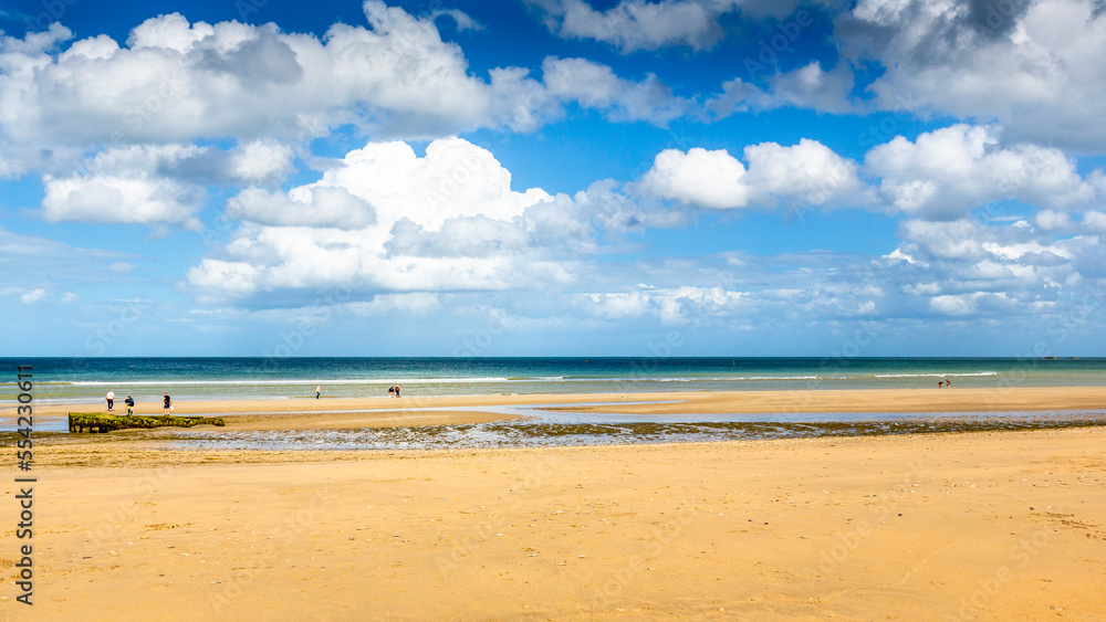 Manche sea, people out digging for razor clams at low tide in afternoon. On long sand beach with cloudy sky Manche sea, people out digging for razor clams at low tide in afternoon. On long sand beach with cloudy sky