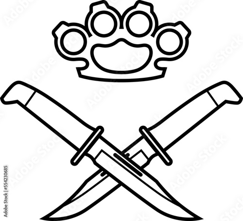 Brass knuckles and crossed knives. Flat black image, icon, isolated background.