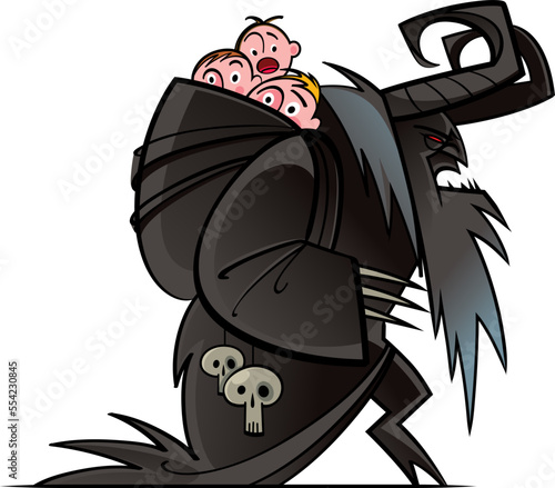 Krampus and children. Fairy creature, a horned demon, the Christmas antipode of Santa Claus. Steals naughty children. Kidnapping. Human skulls.
