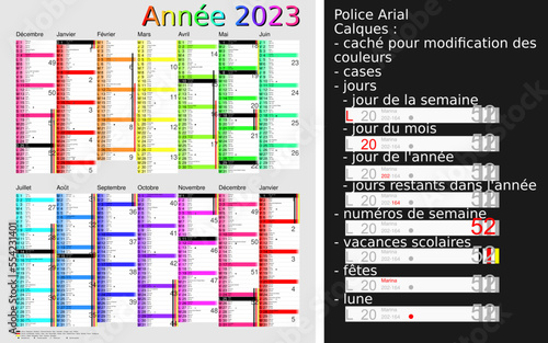 Calendrier 2023, calques, vacances scolaires, Saints, 14 mois