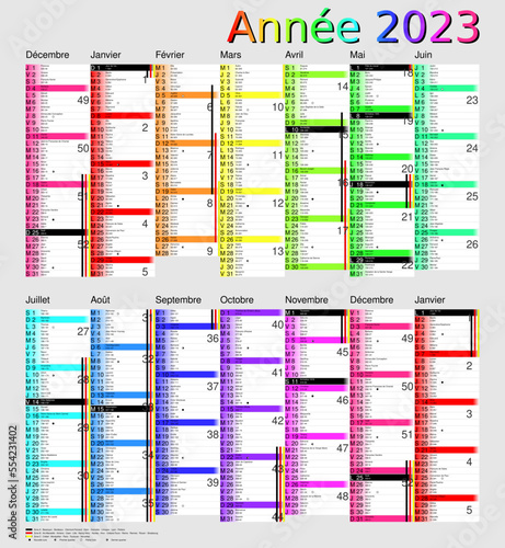 Calendrier 2023, calques, vacances scolaires, Saints, 14 mois