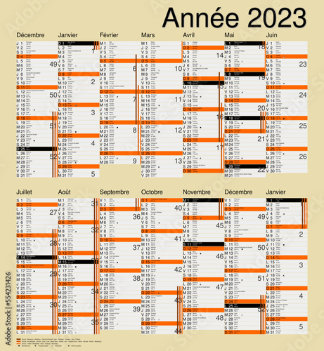 Calendrier 2023, calques, vacances scolaires, Saints, 14 mois