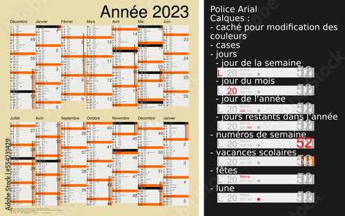 Calendrier 2023, calques, vacances scolaires, Saints, 14 mois