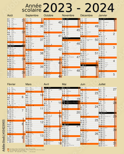 Calendrier scolaire 2023-2024, calques, vacances scolaires, Saints, 12 mois