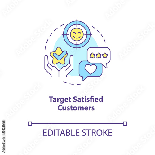 Target satisfied customers concept icon. Way to make clients write review abstract idea thin line illustration. Isolated outline drawing. Editable stroke. Arial, Myriad Pro-Bold fonts used