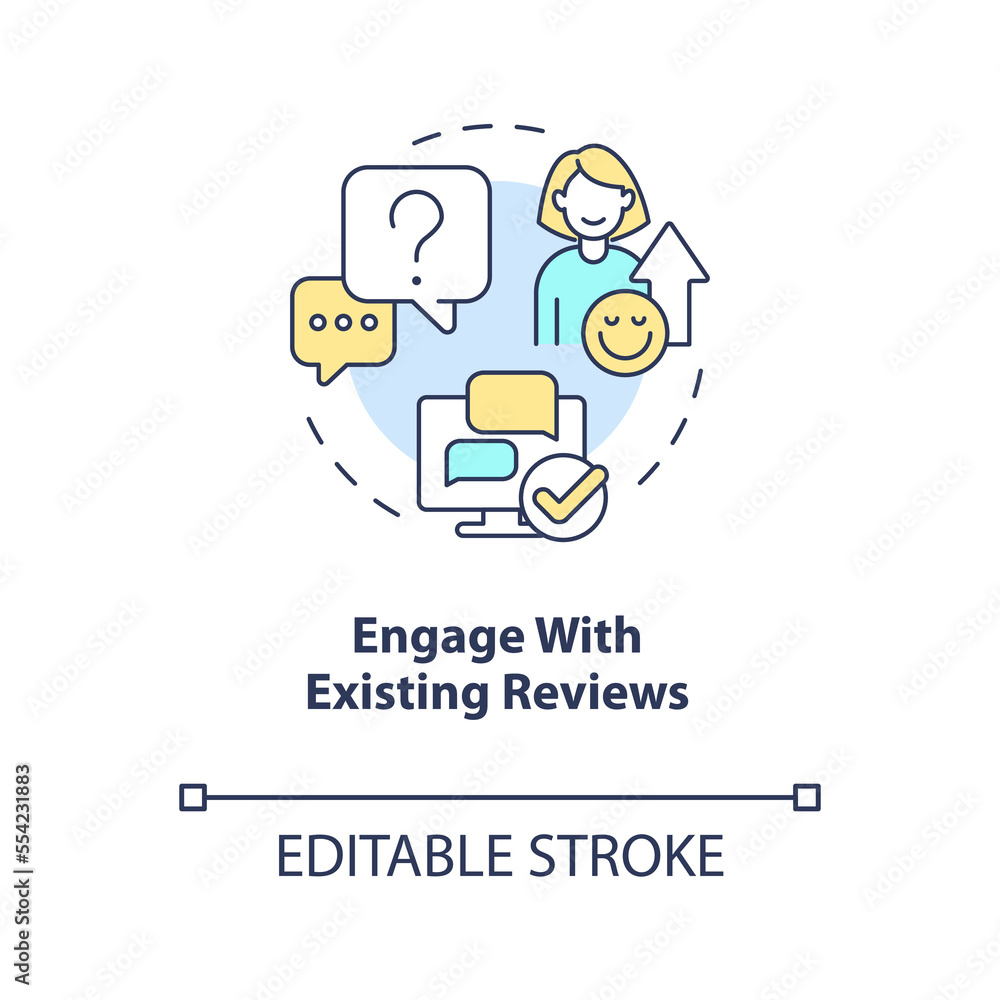 Engage with existing reviews concept icon. Encouraging clients to write feedback abstract idea thin line illustration. Isolated outline drawing. Editable stroke. Arial, Myriad Pro-Bold fonts used