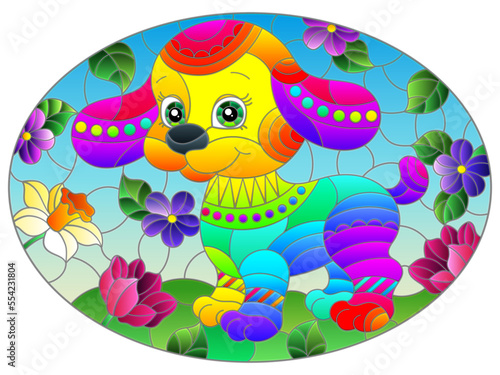 An illustration in the style of a stained glass window with a cute puppy on a background of sky, meadows and flowers, oval image