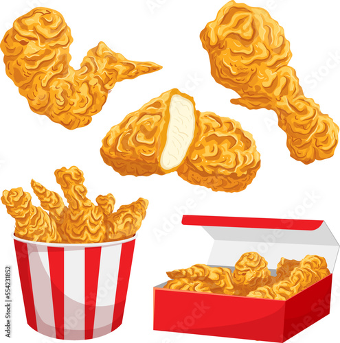 fried chicken food crispy set cartoon. bucket leg, hot restaurant, crunchy fast meal, wing meat, drumstick menu, delicious product, tasty fried chicken food crispy vector illustration