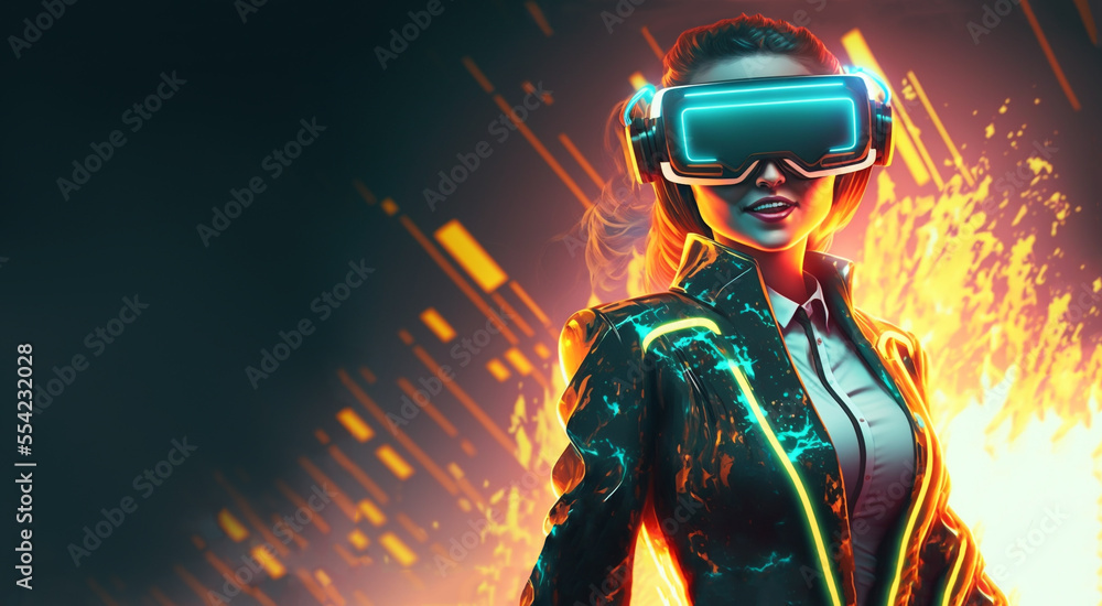 Naklejka premium illustration of a giggle women wearing VR headset with cyber city theme background , with copy-space
