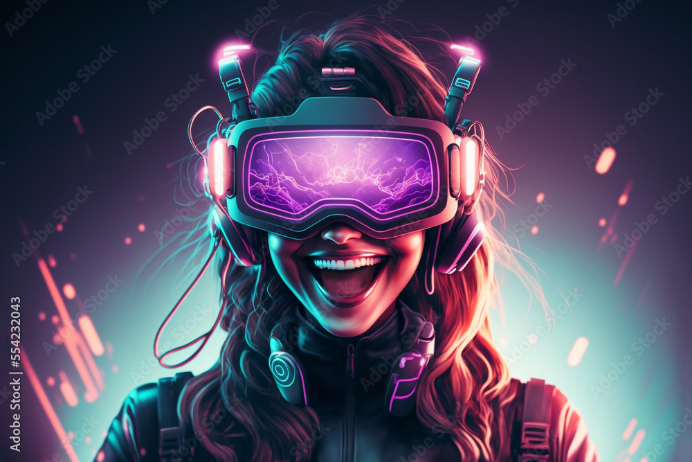 illustration of a laughing women wearing VR headset with cyber city theme background , with copy-space