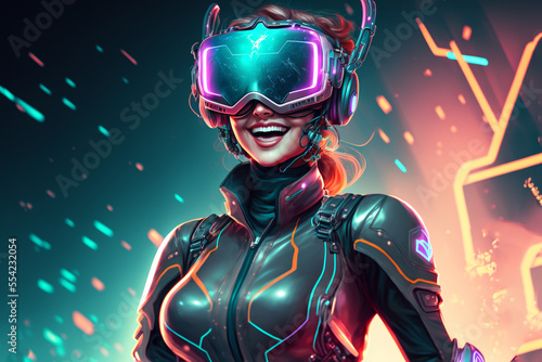 illustration of a giggle women wearing VR headset with cyber city theme background   with copy-space