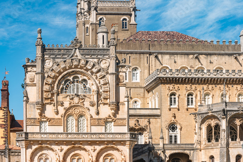 Facade detail of the Palace of Bucaco with garden in Portugal. Palace was built in Neo Manueline style between 1888 and 1907. Luso, Mealhada photo