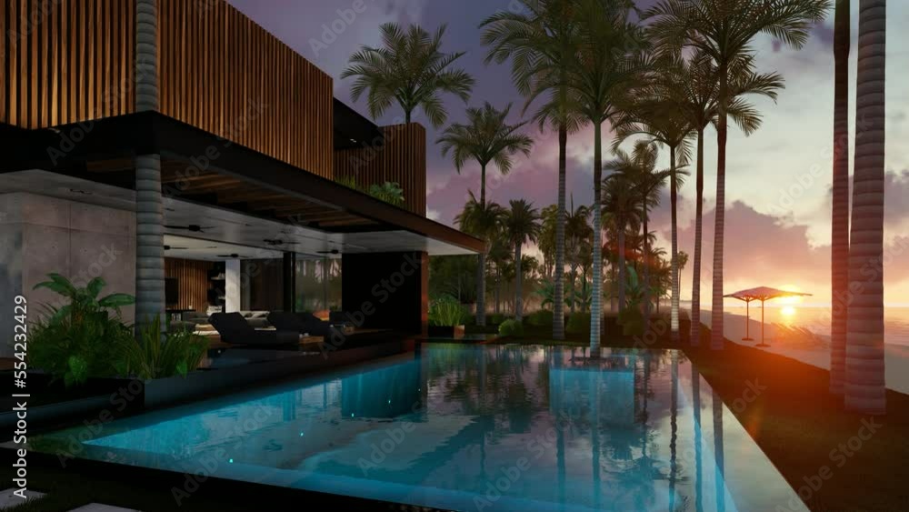 4K video rendering of modern cozy house with parking and pool for sale or rent with wood plank facade by the sea or ocean. Sunset evening by the coast with palm and flowers in tropical island Fly-walk 4K video rendering of modern cozy house with parking and pool for sale or rent with wood plank facade by the sea or ocean. Sunset evening by the coast with palm and flowers in tropical island Fly-walk
