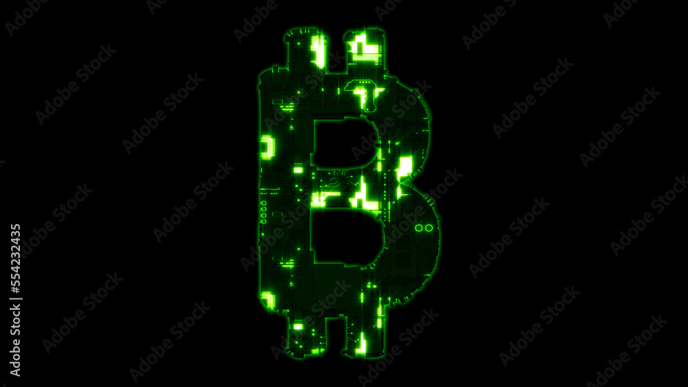 bitcoin sign, lighting hi-tech digital cyberpunk green alphabet on black, isolated - object 3D illustration bitcoin sign, lighting hi-tech digital cyberpunk green alphabet on black, isolated - object 3D illustration