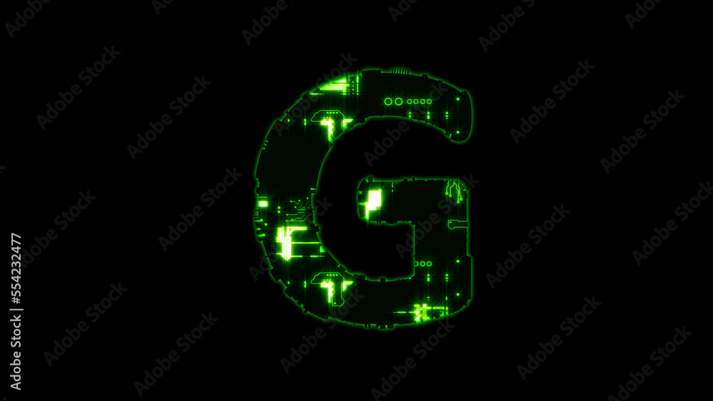 letter G, glowing high tech digital cyberpunk green font on black, isolated - object 3D illustration letter G, glowing high tech digital cyberpunk green font on black, isolated - object 3D illustration