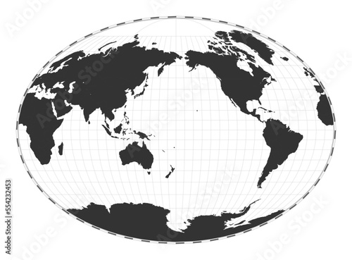 Vector world map in Fahey pseudocylindrical projection. A geographical map with latitude and longitude lines, centered at 180 degrees longitude. Vector illustration.