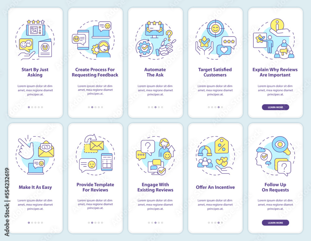 Boost business trustworthiness onboarding mobile app screen set. Walkthrough 5 steps editable graphic instructions with linear concepts. UI, UX, GUI template. Myriad Pro-Bold, Regular fonts used