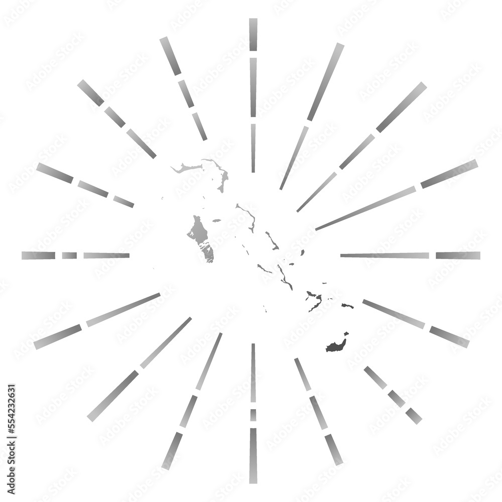 Bahamas gradiented sunburst. Map of the country with colorful star rays. Bahamas illustration in digital, technology, internet, network style. Vector illustration.