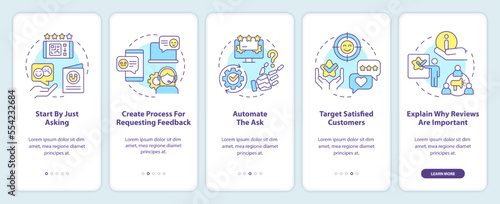 Ways to make clients write reviews onboarding mobile app screen. Walkthrough 5 steps editable graphic instructions with linear concepts. UI, UX, GUI template. Myriad Pro-Bold, Regular fonts used