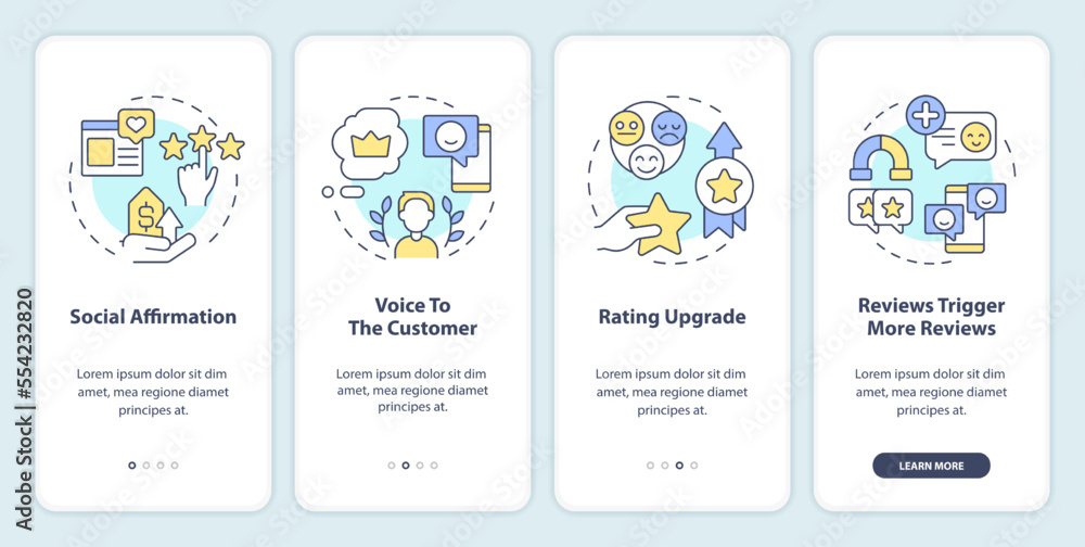 Customer reviews importance reasons onboarding mobile app screen. Walkthrough 4 steps editable graphic instructions with linear concepts. UI, UX, GUI template. Myriad Pro-Bold, Regular fonts used
