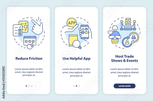 Methods to get customer reviews onboarding mobile app screen. Walkthrough 3 steps editable graphic instructions with linear concepts. UI, UX, GUI template. Myriad Pro-Bold, Regular fonts used