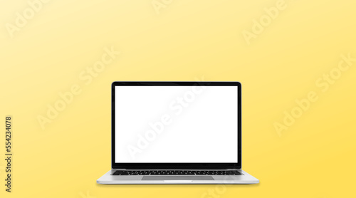 laptop with blank screen with yellow background