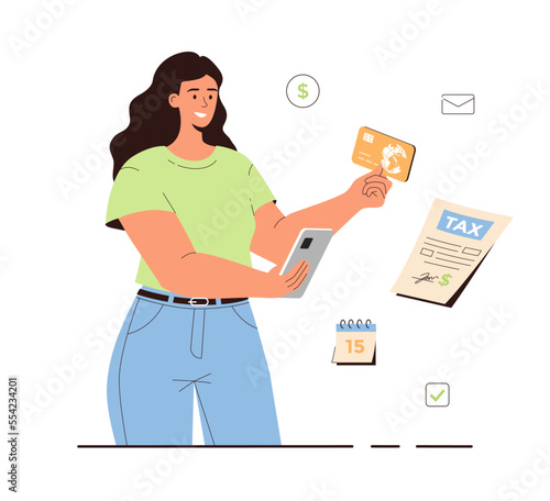 Online Tax payment. Government taxation. Woman with credit card pays tax via phone. Remote online payments. Cartoon flat vector illustration.