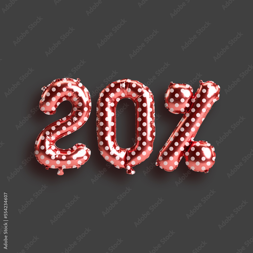 3d illustration of 20 percent balloons for sale valentines day products isolated on background