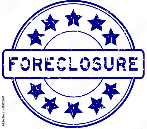 Grunge blue foreclosure word with star icon round rubber seal stamp on white background