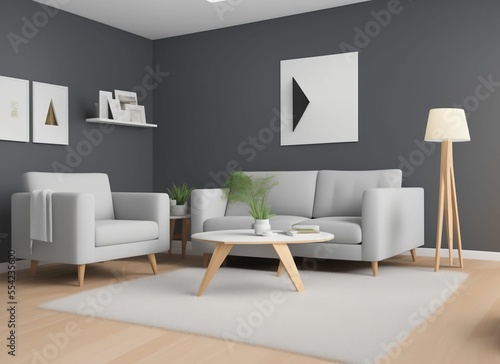 Interior poster mock up living room with white sofa 3D rendering.