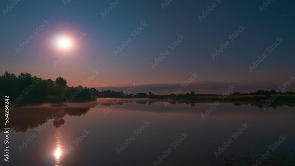 Timelapse of night sky above a calm lake with flat water surface Timelapse of night sky above a calm lake with flat water surface