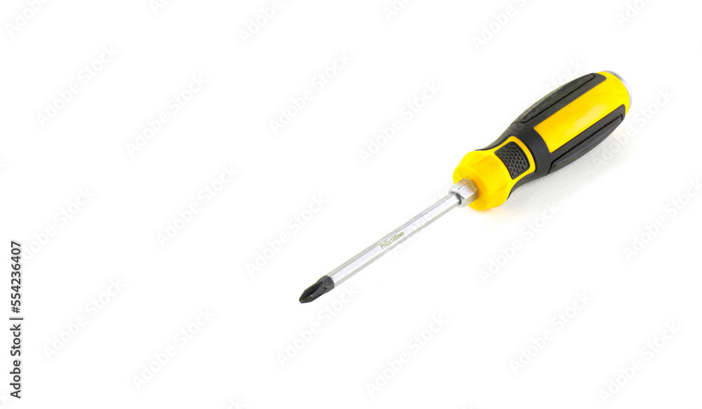 screwdriver with plastic yellow hand isolated over white background screwdriver with plastic yellow hand isolated over white background