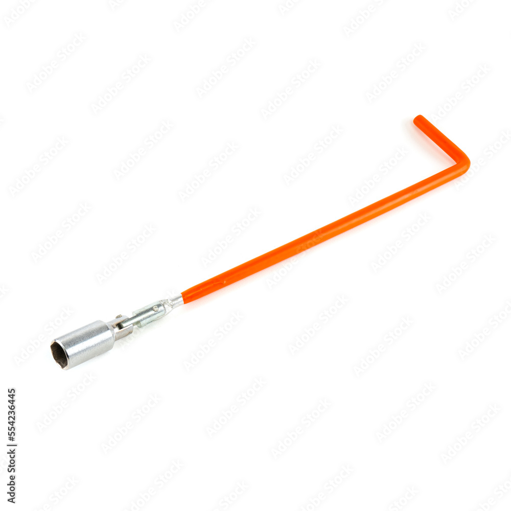 Spark plugs Metal key with orange rubber handle isolated on white background Spark plugs Metal key with orange rubber handle isolated on white background