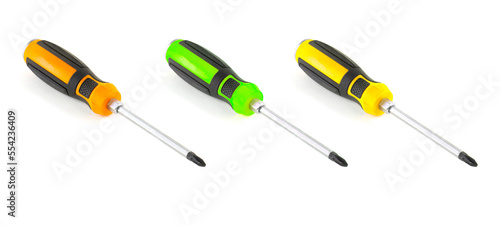 set of three screwdriver with plastic hand different colors collection isolated over white background