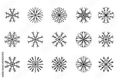 Vector set of snowflakes drawn in one line. Vector collection of ice crystals for winter design.