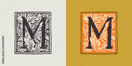 M letter drop cap logo in engraved medieval style.