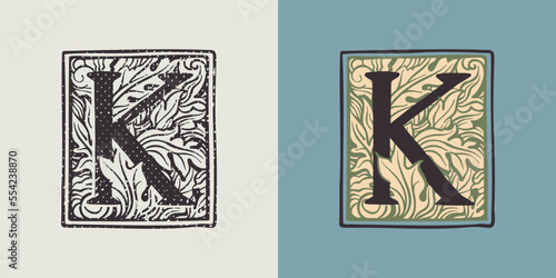 K letter drop cap logo in engraved medieval style.