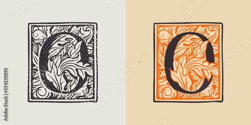 O letter drop cap logo in engraved medieval style.
