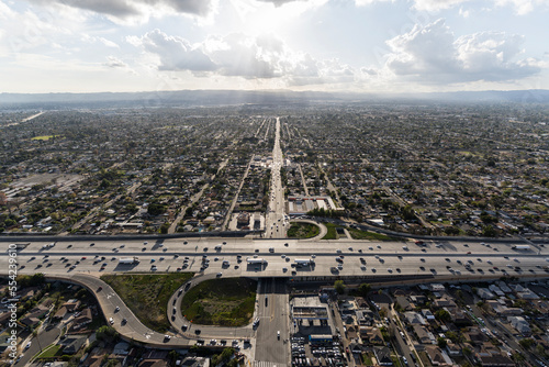 Aerial view of Osborne Street and the Interstate 5 freeway in the Arleta neighborhood of the San Fernando Valley in Los Angeles California.