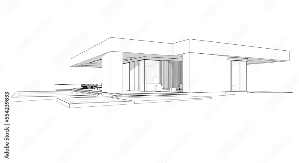 3d rendering of new concrete house in modern style with pool and parking for sale or rent and beautiful landscaping on background. Black line sketch with soft light shadows on white background. 3d rendering of new concrete house in modern style with pool and parking for sale or rent and beautiful landscaping on background. Black line sketch with soft light shadows on white background.