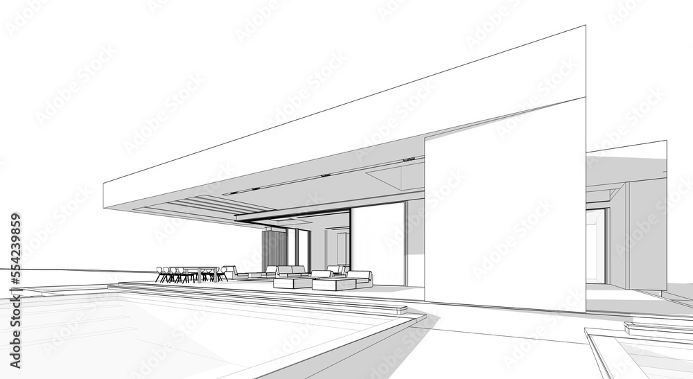 3d rendering of new concrete house in modern style with pool and parking for sale or rent and beautiful landscaping on background. Black line sketch with soft light shadows on white background. 3d rendering of new concrete house in modern style with pool and parking for sale or rent and beautiful landscaping on background. Black line sketch with soft light shadows on white background.