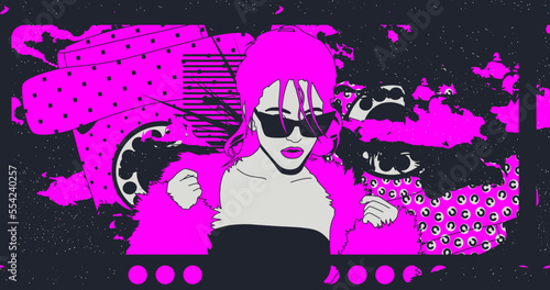 Fashion minimal illustration art. Disco party fashion Lady. Retro space colors design